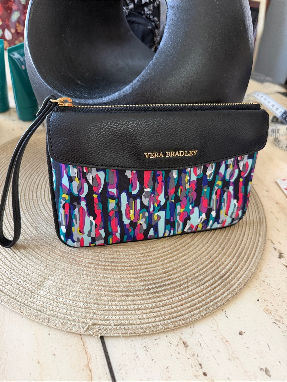 Vera Bradley Black Leather Flap pocket Multicolor Nylon Zip Wristlet
